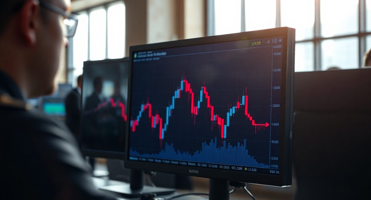 Financial market monitor displaying US dollar index chart with downward trend, trading floor background