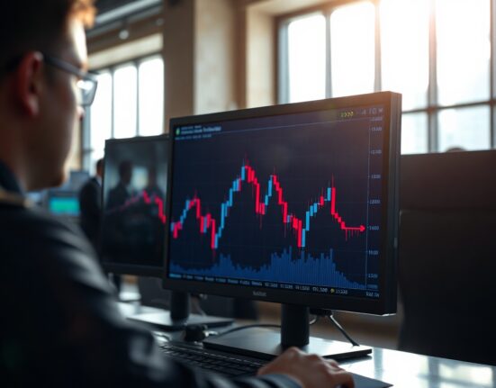 Financial market monitor displaying US dollar index chart with downward trend, trading floor background