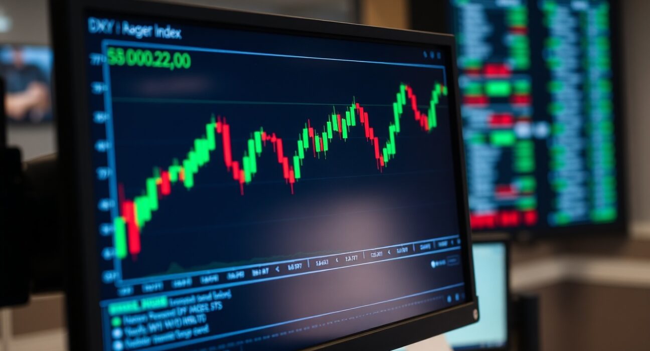 US Dollar Index chart showing range-bound movement on a trading monitor in a financial newsroom setting.