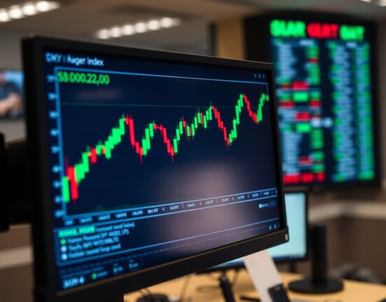 US Dollar Index chart showing range-bound movement on a trading monitor in a financial newsroom setting.