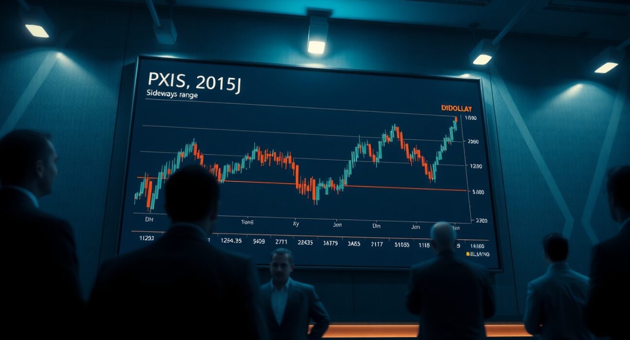 Financial trading screen displaying a sideways-moving US Dollar Index chart in a dimly lit trading floor.
