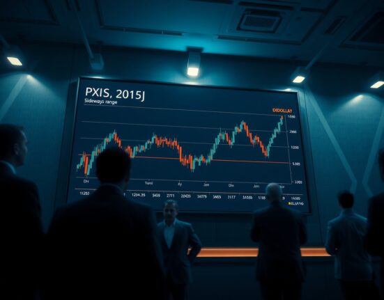 Financial trading screen displaying a sideways-moving US Dollar Index chart in a dimly lit trading floor.