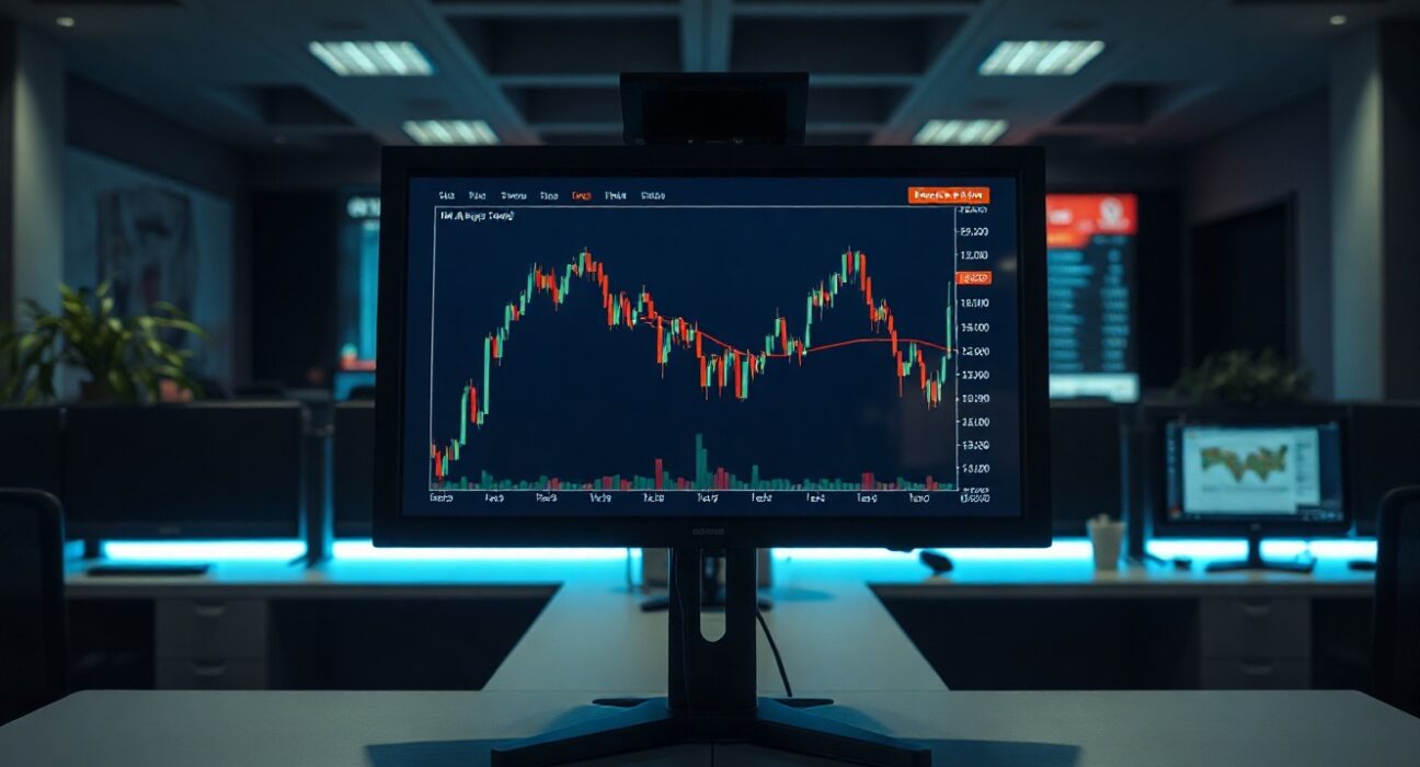 US Dollar Index chart showing range-bound trade on a monitor in a financial newsroom, with Iran peace headlines in background.