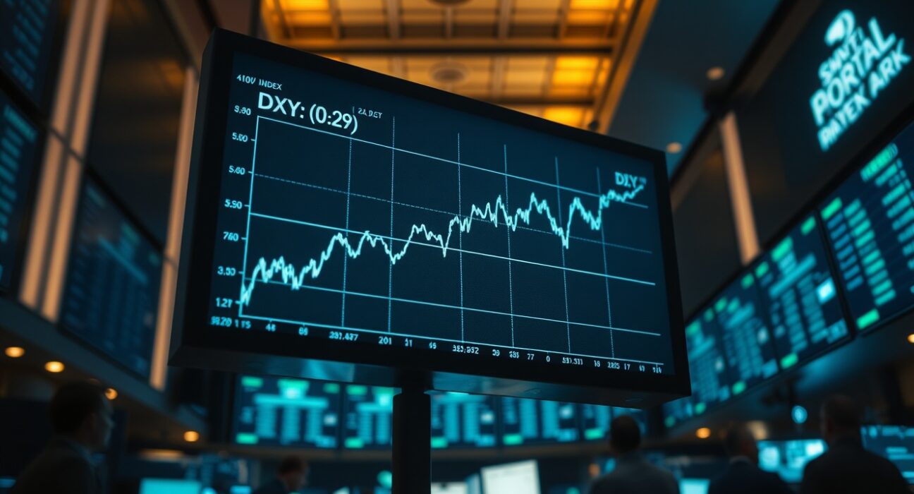 Digital display of the US Dollar Index (DXY) chart with an upward trend in a modern trading floor.