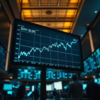 Digital display of the US Dollar Index (DXY) chart with an upward trend in a modern trading floor.