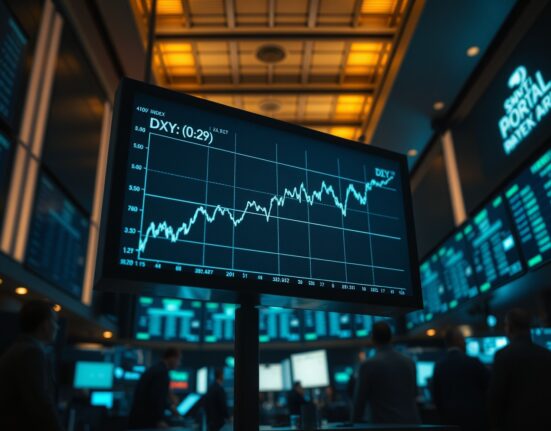 Digital display of the US Dollar Index (DXY) chart with an upward trend in a modern trading floor.
