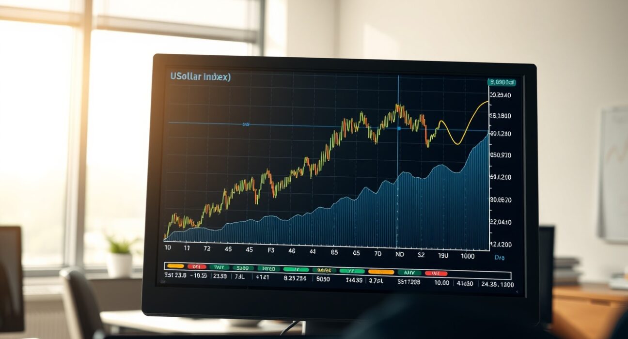 US Dollar Index chart showing recovery on trading desk monitor after Iran denies diplomatic talks.