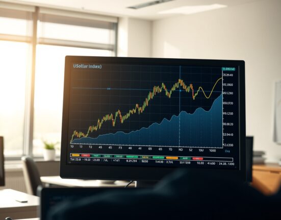 US Dollar Index chart showing recovery on trading desk monitor after Iran denies diplomatic talks.