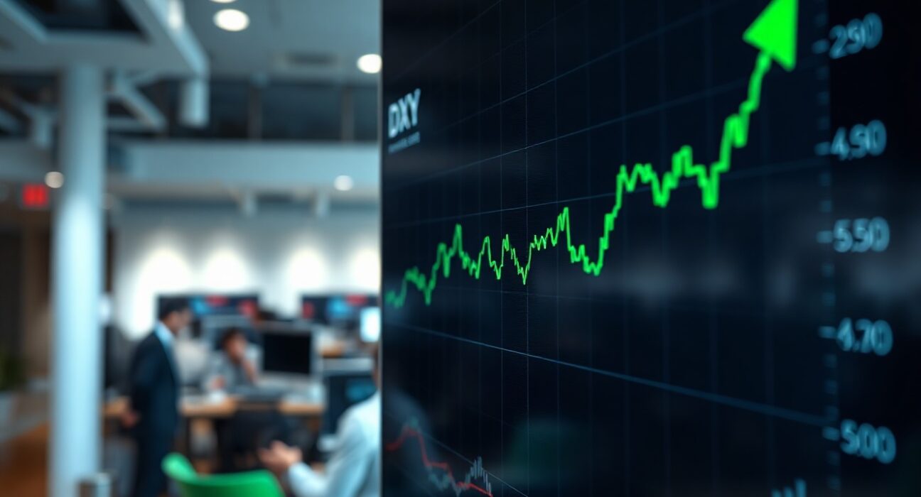 Financial trading screen showing US Dollar Index chart with upward trend amid geopolitical uncertainty
