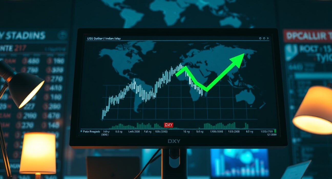 US Dollar Index chart showing upward trend on a trading desk monitor amid geopolitical tensions