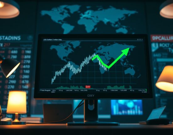 US Dollar Index chart showing upward trend on a trading desk monitor amid geopolitical tensions