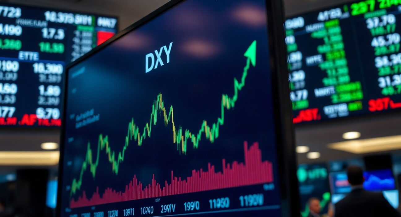 US Dollar Index chart showing upward rebound on a trading floor screen