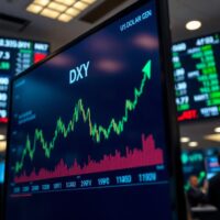 US Dollar Index chart showing upward rebound on a trading floor screen
