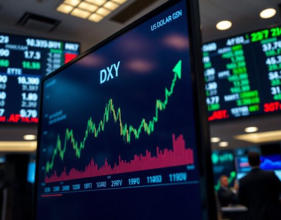 US Dollar Index chart showing upward rebound on a trading floor screen