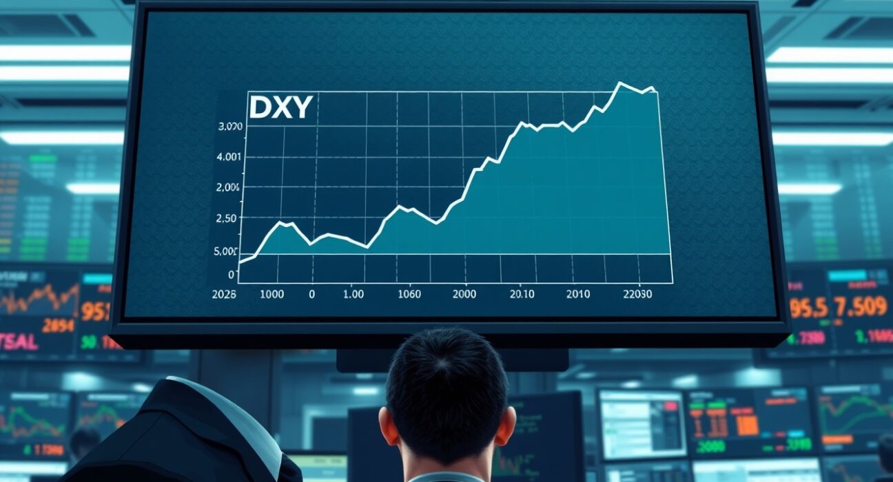 Trader analyzes US Dollar Index DXY chart rebounding to 99.00 amid oil price volatility.