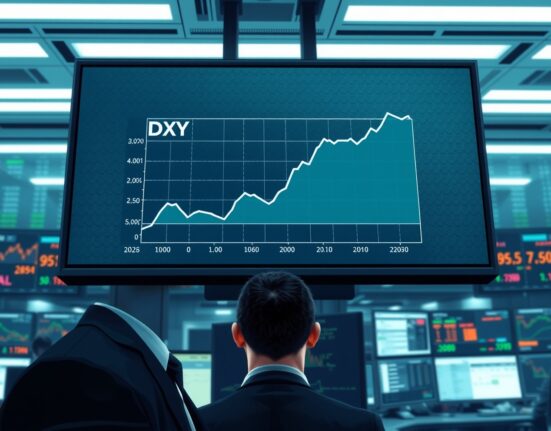 Trader analyzes US Dollar Index DXY chart rebounding to 99.00 amid oil price volatility.
