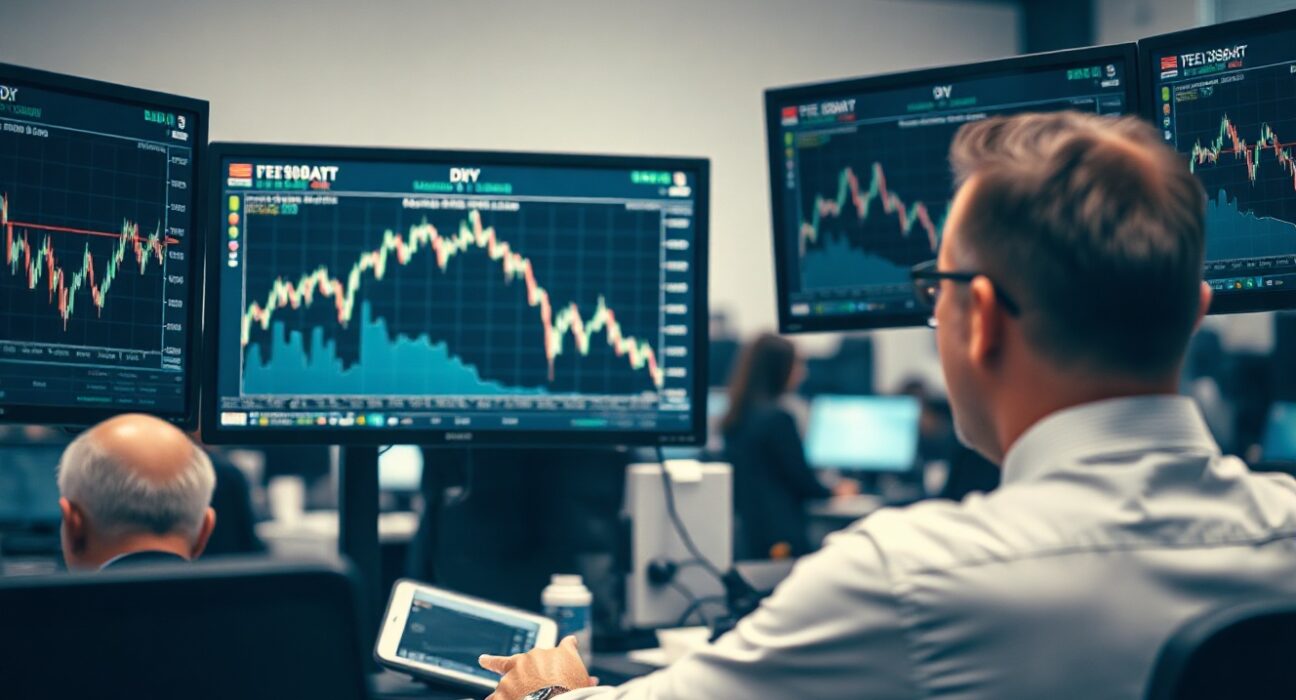 Financial analyst monitors US Dollar Index and interest rate charts on multiple screens.