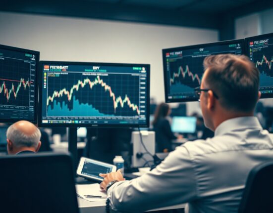 Financial analyst monitors US Dollar Index and interest rate charts on multiple screens.