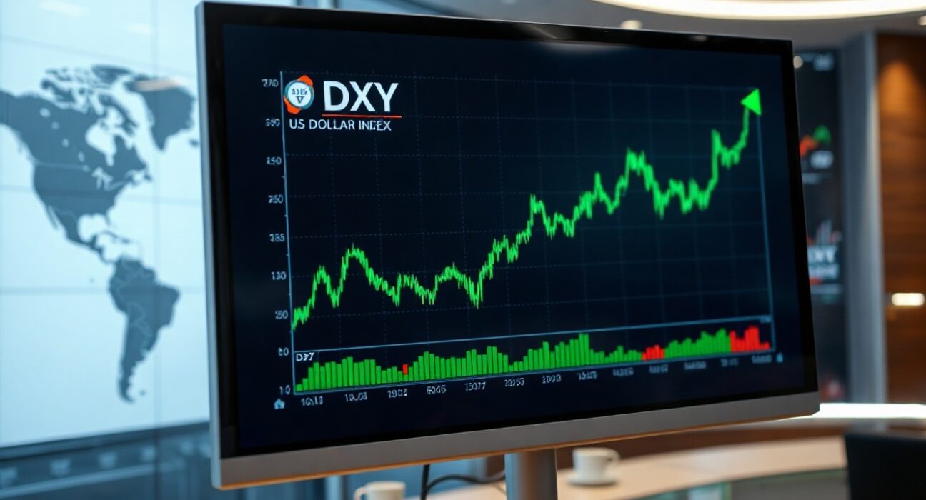 Digital trading screen showing US Dollar Index (DXY) chart with upward trend and blurred Middle East map background