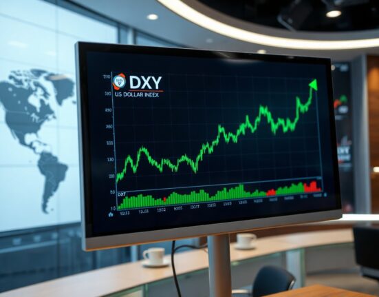 Digital trading screen showing US Dollar Index (DXY) chart with upward trend and blurred Middle East map background
