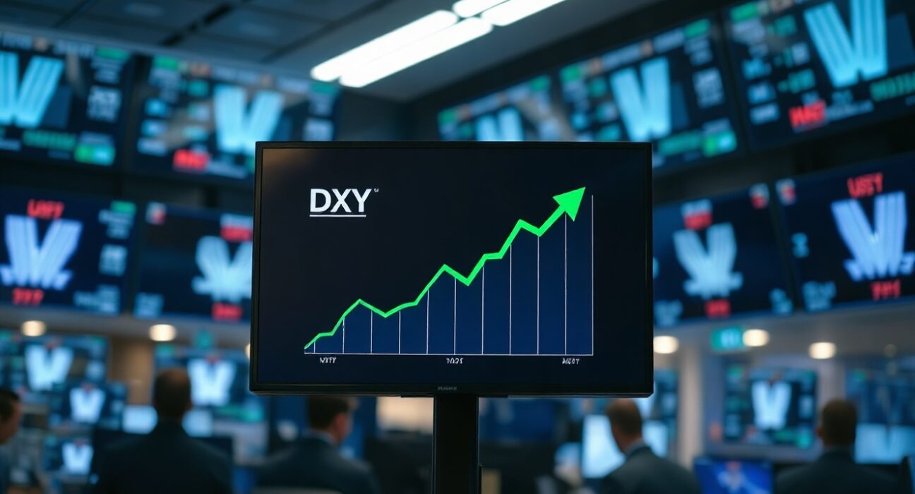 US Dollar Index chart showing recovery on trading floor screen amid geopolitical news