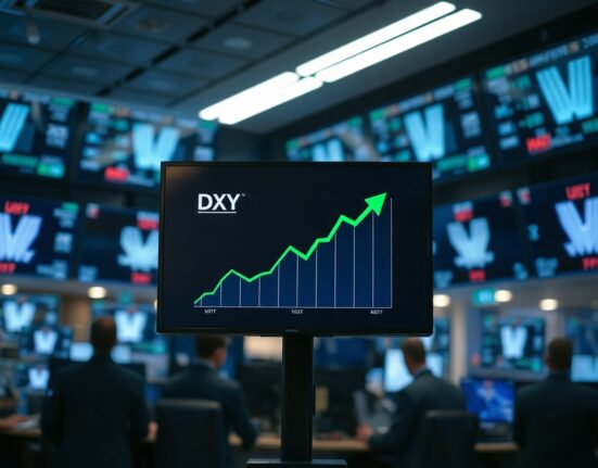 US Dollar Index chart showing recovery on trading floor screen amid geopolitical news