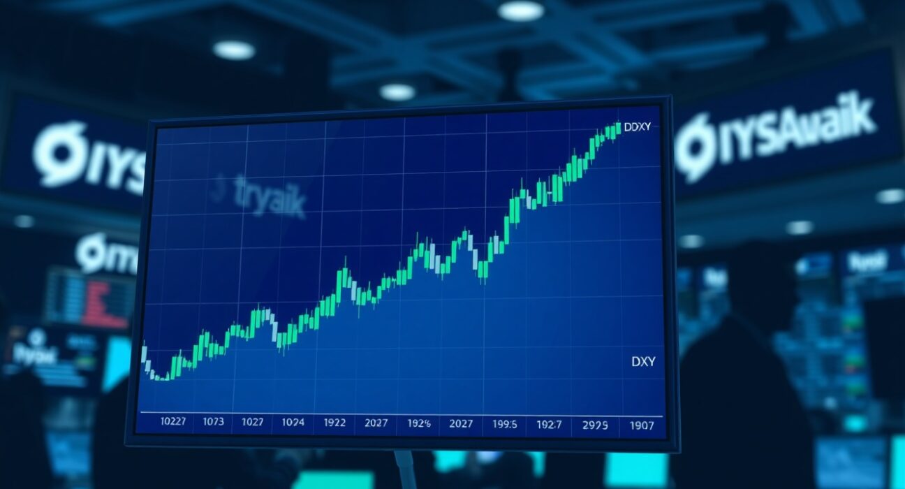 US Dollar Index chart showing upward trend on trading floor display