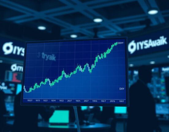 US Dollar Index chart showing upward trend on trading floor display