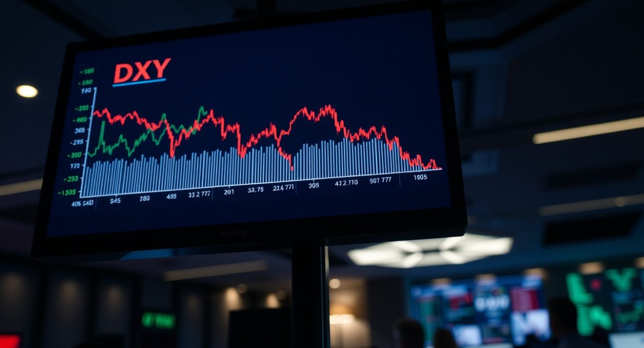 Trading screen showing US Dollar Index chart declining after weak jobs report