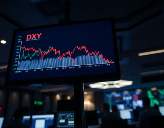 Trading screen showing US Dollar Index chart declining after weak jobs report