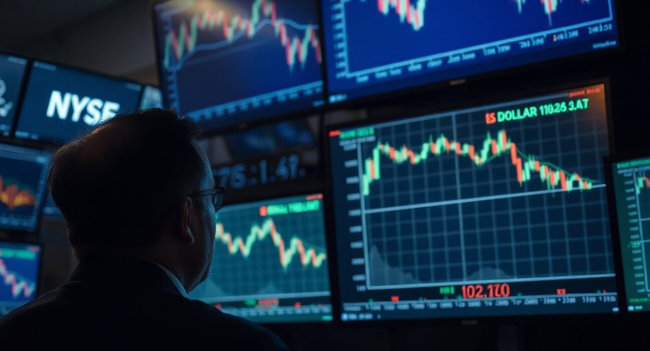 Trader monitoring US Dollar Index chart as it retreats following news of canceled Iran strikes