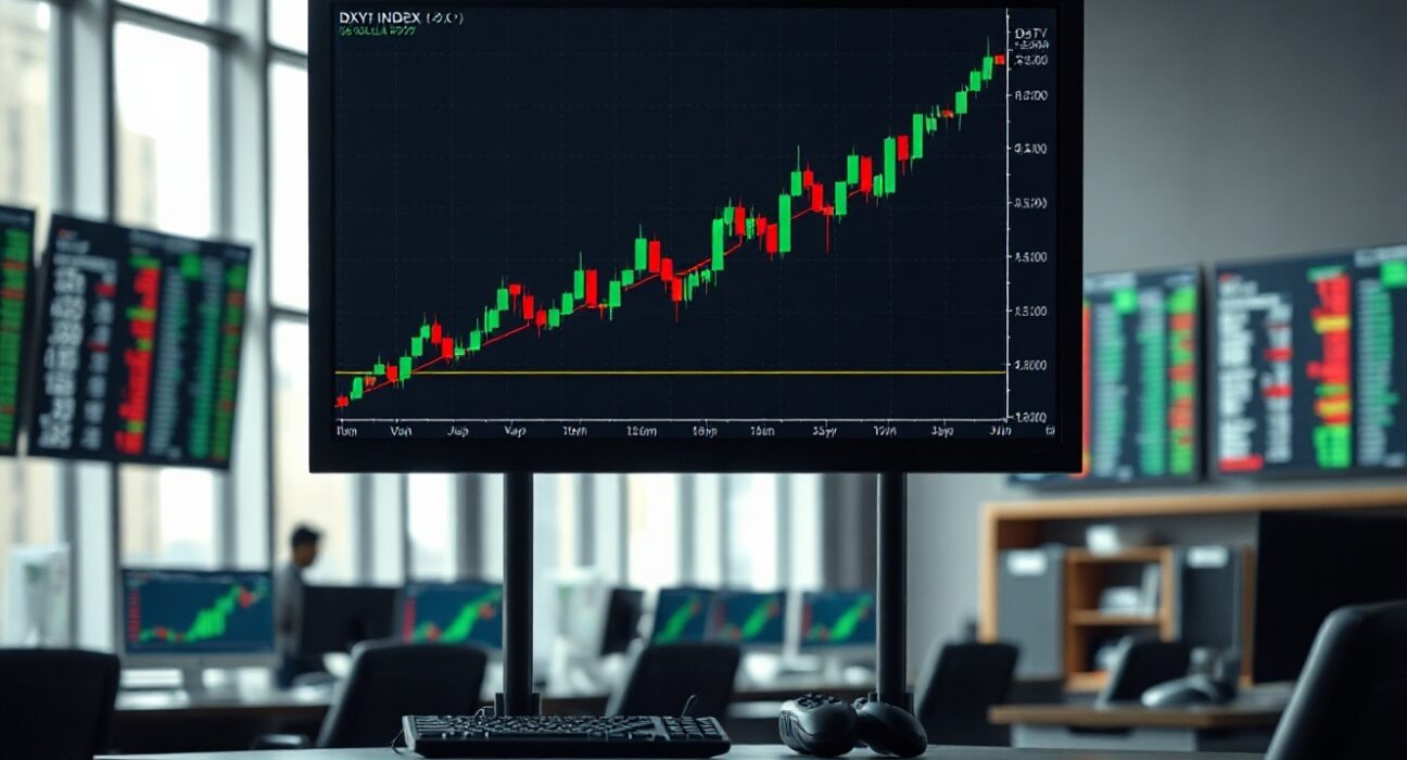 US Dollar Index chart showing upward movement on a trading desk monitor