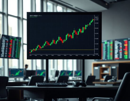 US Dollar Index chart showing upward movement on a trading desk monitor