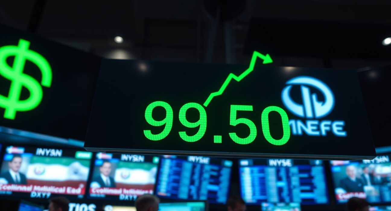 US Dollar Index display showing rise near 99.50 on trading floor amid geopolitical tensions