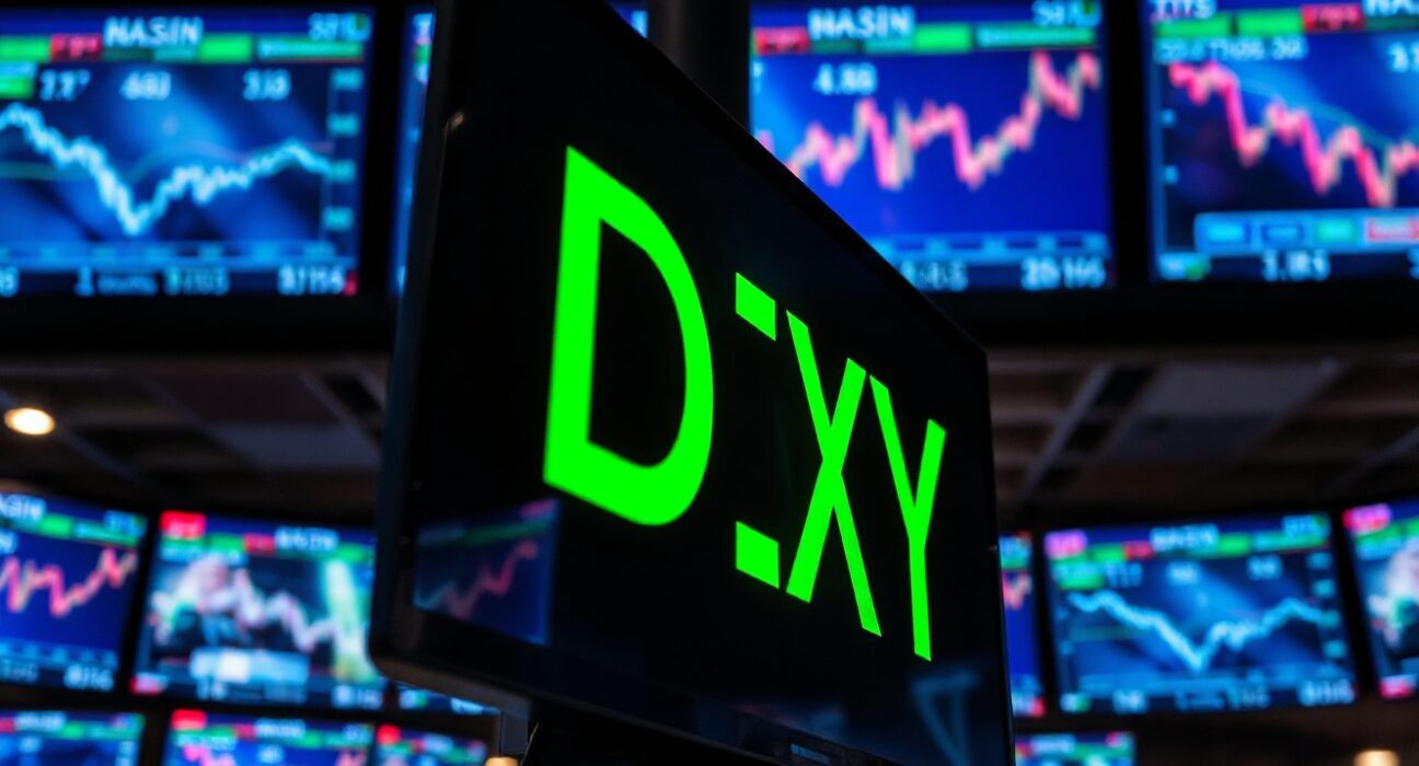 Financial market display showing the US Dollar Index rising amid geopolitical tensions