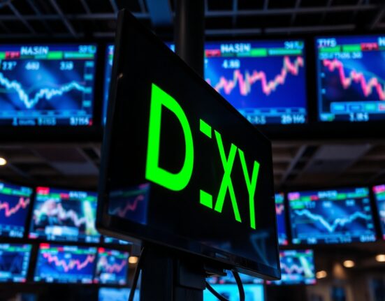 Financial market display showing the US Dollar Index rising amid geopolitical tensions