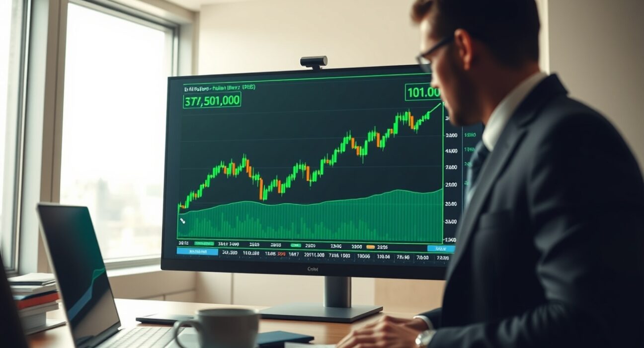 Digital screen showing rising US Dollar Index chart near 101.00 level in a professional trading environment.
