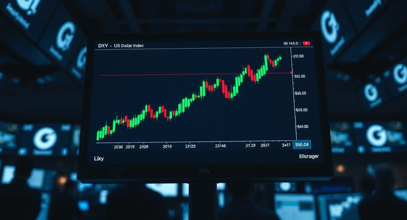 Financial trading monitor displaying US Dollar Index chart with upward trend on a trading floor