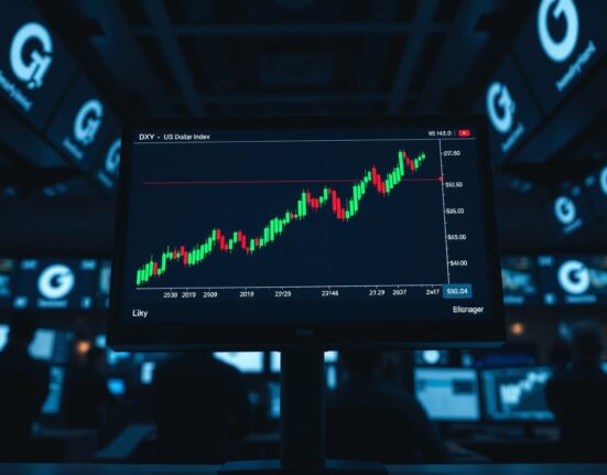 Financial trading monitor displaying US Dollar Index chart with upward trend on a trading floor