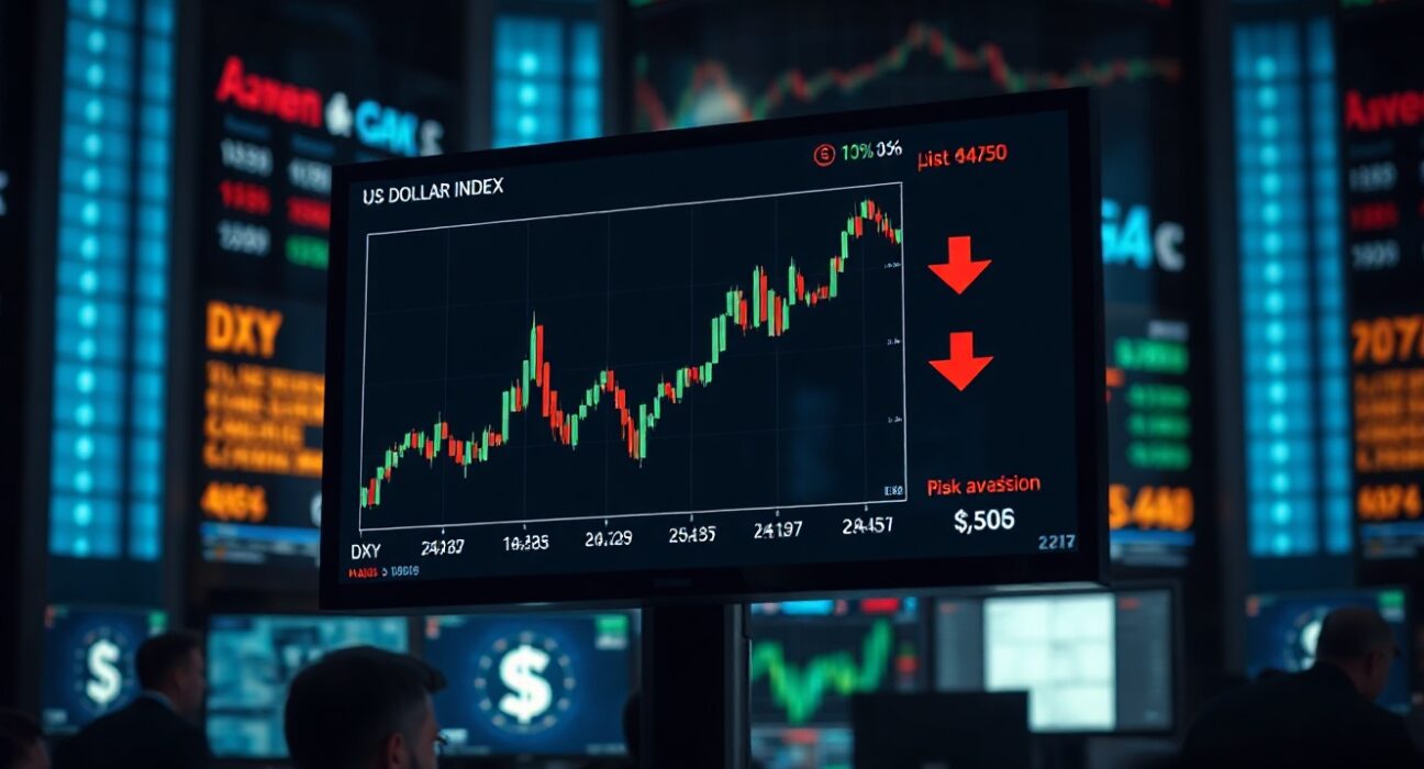 US Dollar Index chart rising amid risk aversion and hawkish Federal Reserve outlook on a trading floor monitor.