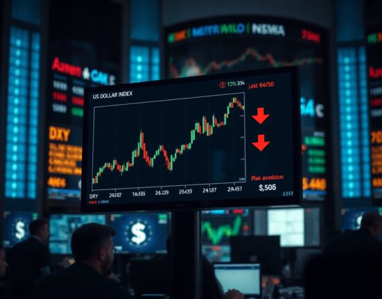 US Dollar Index chart rising amid risk aversion and hawkish Federal Reserve outlook on a trading floor monitor.