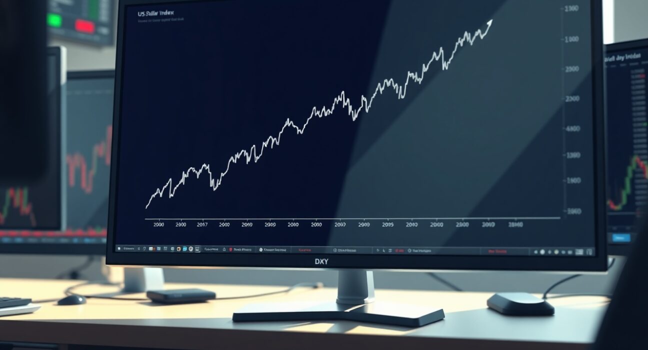 US Dollar Index chart showing a strong upward trend on a financial trading monitor.