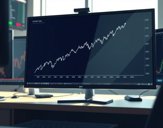 US Dollar Index chart showing a strong upward trend on a financial trading monitor.