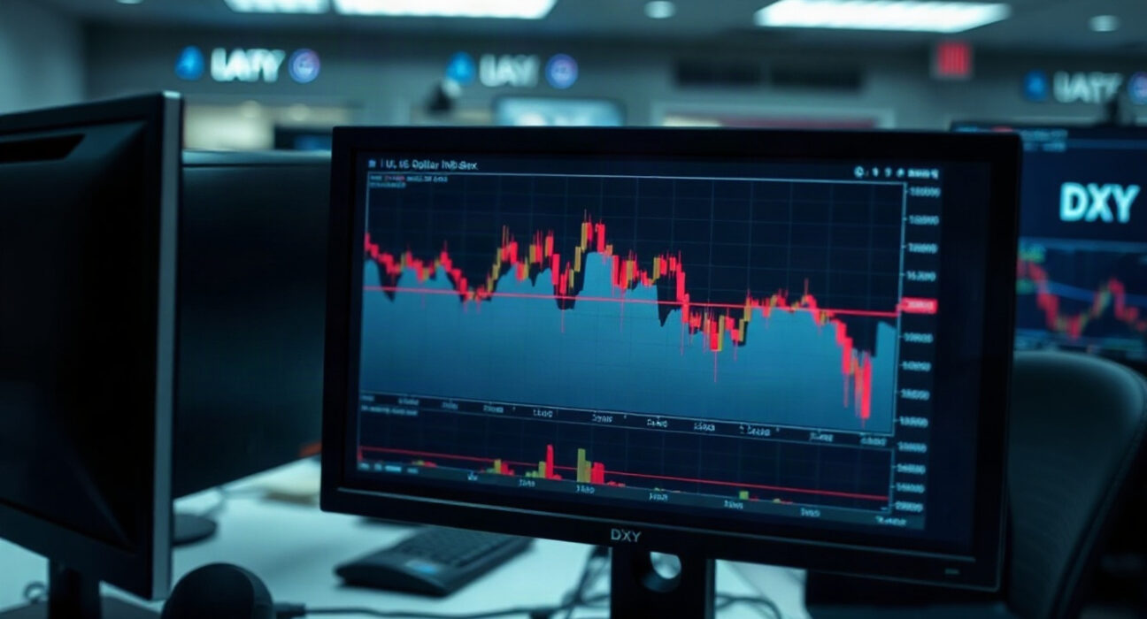 US Dollar Index chart on a trading screen showing a decline below 99.00.