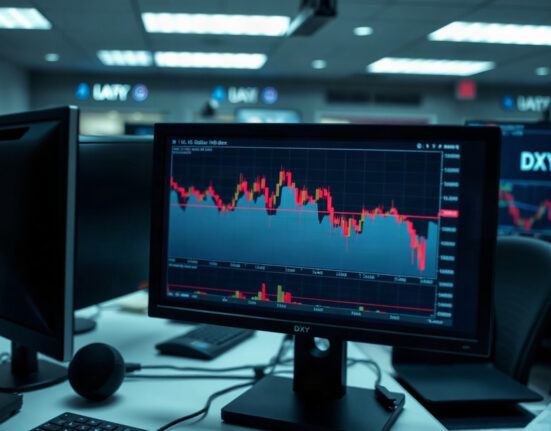US Dollar Index chart on a trading screen showing a decline below 99.00.