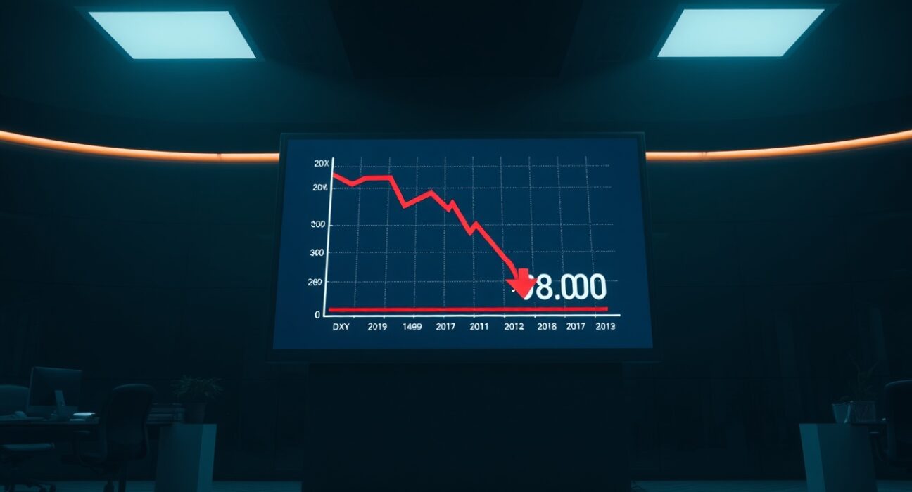Digital display showing US Dollar Index chart declining near 98.00 level in a financial news studio