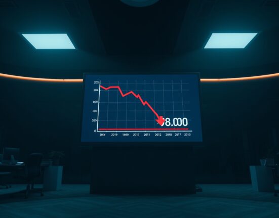 Digital display showing US Dollar Index chart declining near 98.00 level in a financial news studio