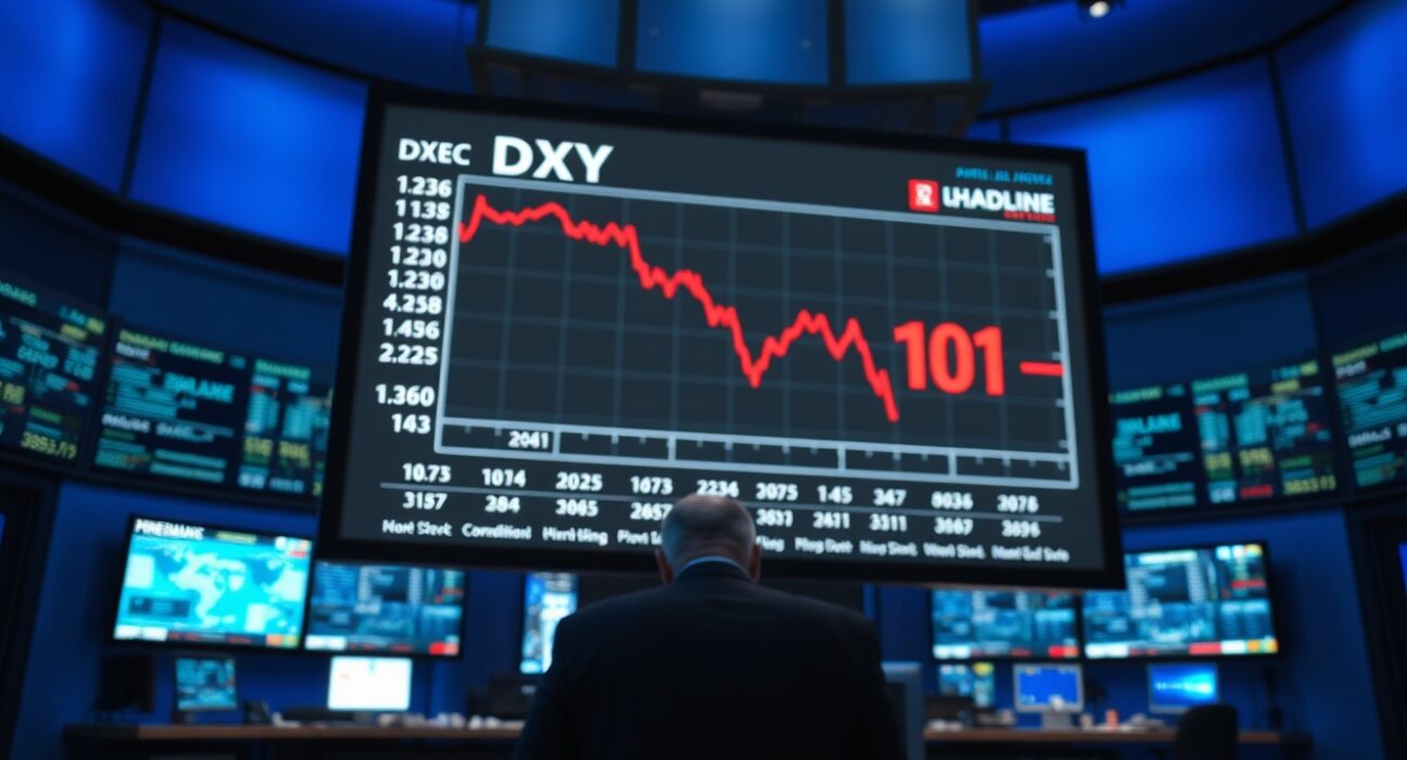 US Dollar Index chart showing a decline to near 101 on a trading board in a financial news studio.