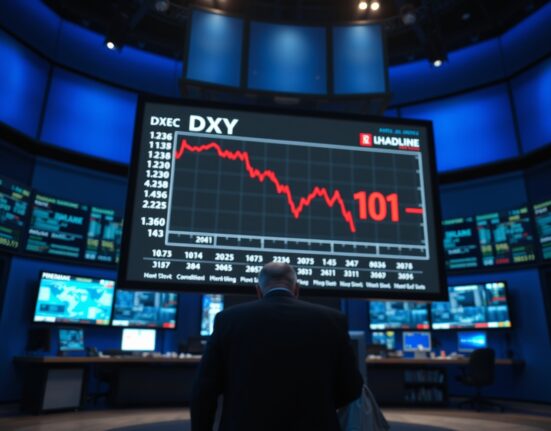 US Dollar Index chart showing a decline to near 101 on a trading board in a financial news studio.