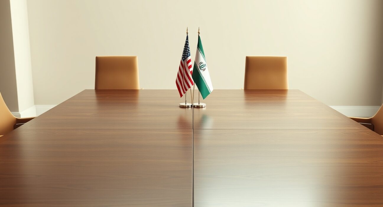 Diplomatic negotiation table with American and Iranian flags, representing upcoming US-Iran talks.